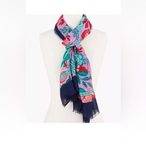 Talbots Teal and Navy Lavender Pink Red  Sketch Blooms Scarf Oblong